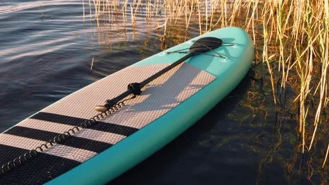 SUP board ready to sail on the water near the shore Stock Footage 210540068