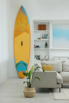 SUP board, shelving unit with different decor elements and sofa in room. In.. Stock Photos