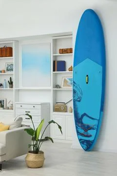 SUP board, shelving unit with different decor elements and houseplant in ro.. Stock Photos