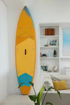 SUP board, shelving unit with different decor elements and sofa in room. In.. Stock Photos