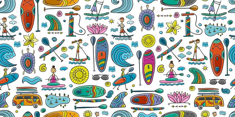 SUP boarding seamless pattern. Stand up paddling background for your design Stock Illustration