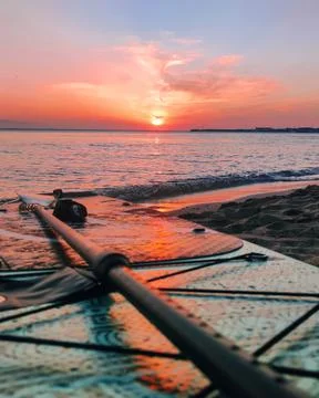 Sup boards lying on sand in sunset Stock Photos