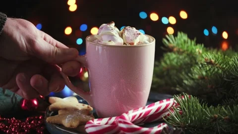Сup of fragrant, hot cocoa with marshmallows. Hot Christmas drink. Stock-Footage 143719669