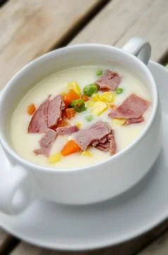 Sup Jagung Daging Asap or Smoked Meat Corn Soup Foto stock