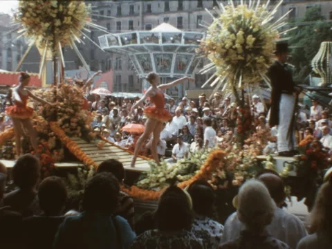 SUPER 8 - SWITZERLAND - parade float with ballet dancers - Geneva - 1973 Stock Footage 279780730