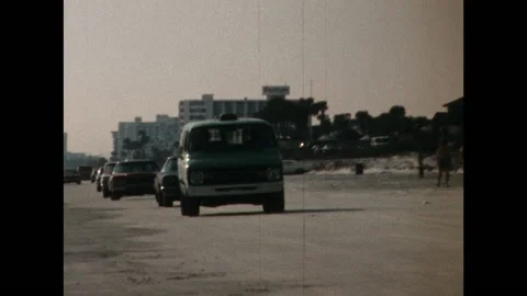 SUPER 8 - USA - traffic on the beach - Daytona Beach - late 1970's Stock Footage 145368299