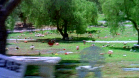 Super 8mm - Tracking shot of a pet cemetery and memorial garden shot Stock Footage 318784146