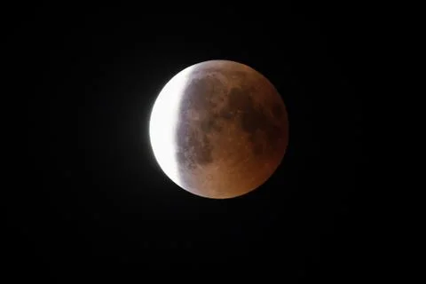Super Bloody Moon, full eclipse end phase against black sky background, three Stock Photos
