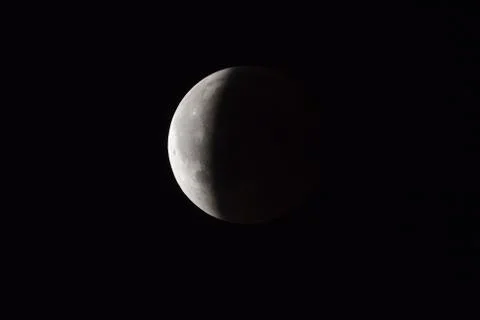 Super Bloody Moon, full eclipse end phase against black sky background, three Fotos Stock