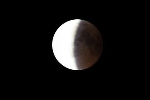 Super Bloody Moon, full eclipse end phase against black sky background, half Fotos Stock