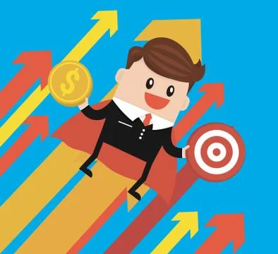 Super businessman with growing graph. flat design Stock Illustration