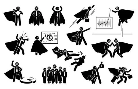 Super businessman icon set. Vector illustrations of superhero business worker イラスト素材