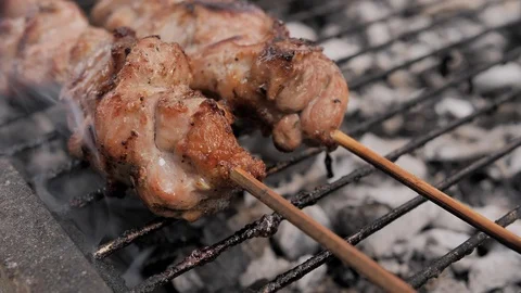 Super close-up (macro shot) of delicious meat slices on wooden skewers fried Stock Footage 125949434