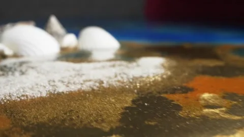 Super close up. the process of making panels of epoxy resin, shells and sand Stock Footage 134311261