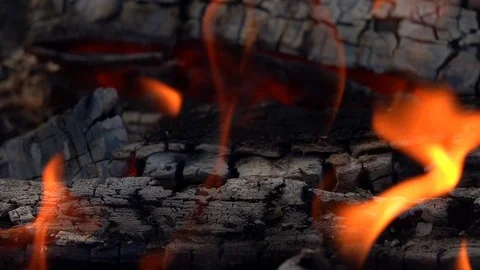Super close up shot of burning flame and smoke on firewoods in slow motion Vídeo Stock 96099829