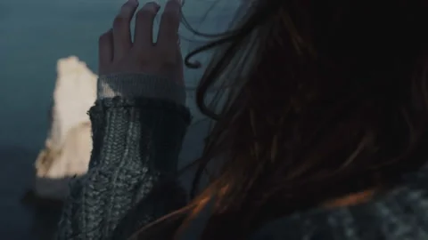 Super close-up shot, happy defocused tourist woman watching epic view touching Video stock 122907737