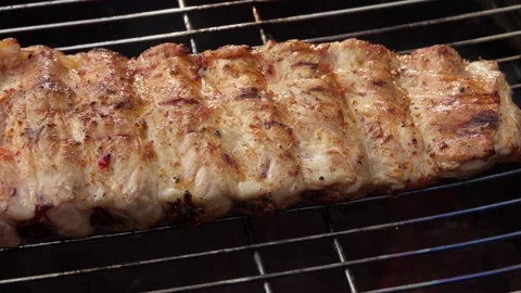 Super close-up of the spiced ribs placed on the grill grid Stock Footage 169786727