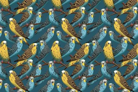 A super cute seamless repetitive  pattern of budgie parrots created with gene Stock Illustration