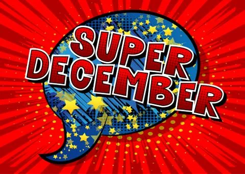 Super December - Comic book style word on abstract background. Stock Illustration