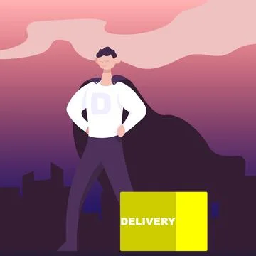 Super delivery man over the night city. Flat cartoon vector color icon. Stock-Illustration