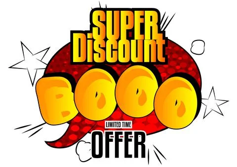Super Discount, Booo Comic book style advertisement text. Words effect on bri Illustrazione stock