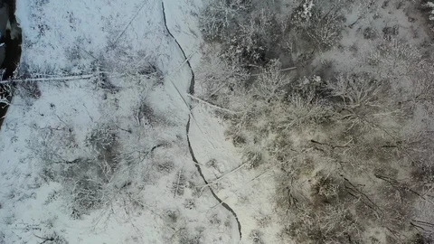 Super drone shot over snaking icy river with animal prints Stock Footage 127243613
