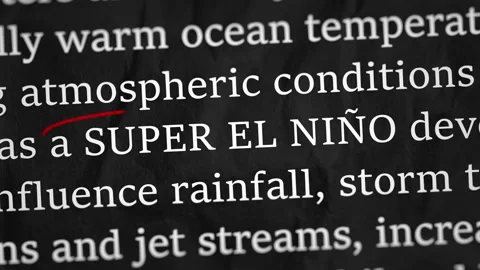 Super El Nino Highlighted in Red Circle on Simulated Article Text Vídeos de archivo 343660721