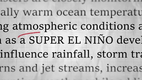 Super El Nino Highlighted in Red Circle on Simulated Article Text Vídeos de archivo 343734882