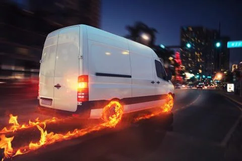 Super fast delivery of package service with van with wheels on fire. 3D Stock Illustration