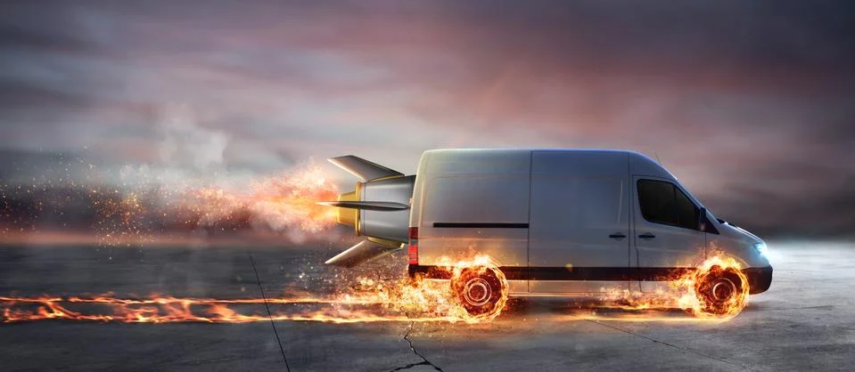 Super fast delivery of package service with van with wheels on fire Stock Photos