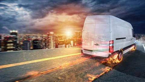 Super fast delivery of package service with van with wheels on fire. Stock Photos