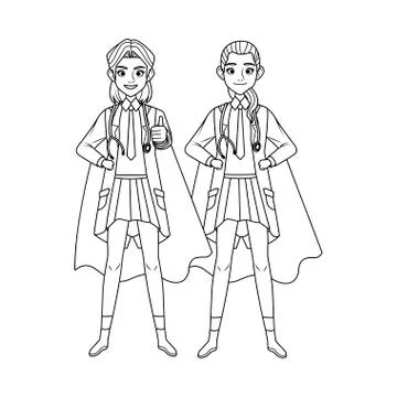 Super female doctors with hero cloak vs covid19 Stock Illustration