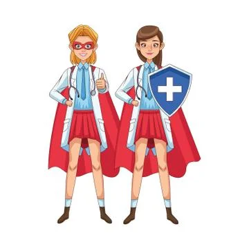 Super female doctors with hero cloak and shield vs covid19 Stock Illustration