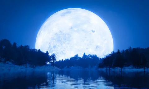 Super Full moon blue light. Lake, pine forest, snowy ground, shadow of the mo Foto stock