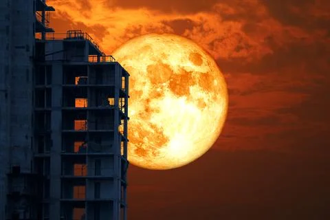 Super grain blood moon back silhouette abandon building on the night sky Stock Illustration