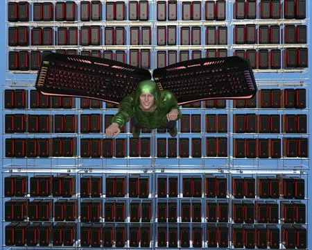Super hacker with keyboard wings can fly Stock Illustration