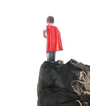 Super hero boy ready to fly on white background Stockfoto's