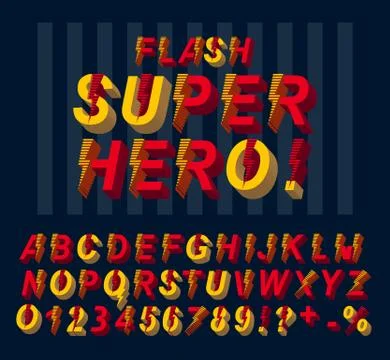 Super hero flash font. 3D alphabet letters and numbers in a comics style. 스톡 일러스트
