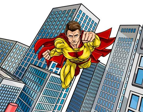 Super Hero Flying City Comic Book Superhero Pose Stock Illustration