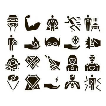 Super Hero Glyph Elements Icons Set Vector Illustrazione stock