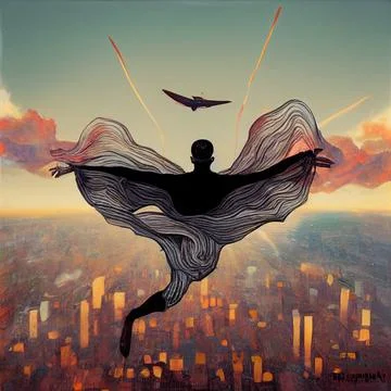 A super hero man flies over the city. Stock Illustration