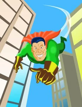 Super hero pointing flying between buildings. Stock Illustration