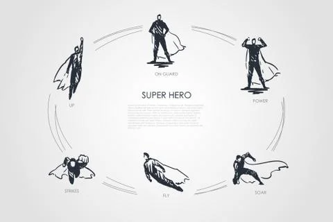 Super Hero - up, strikes, fly, soar, power, on guard vector concept set Stock Illustration