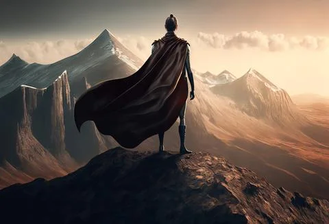 Super hero woman on top of a mountain. Generative ai Stock Illustration