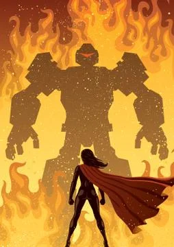 Super Heroine Versus Robot Stock Illustration