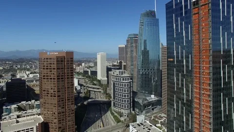 Super high drone view through sunny Downtown Los Angeles Stock Footage 88933376