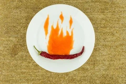 Super hot dried chilli enveloped in flames drawn with a spicy chili sauce on Stock Photos