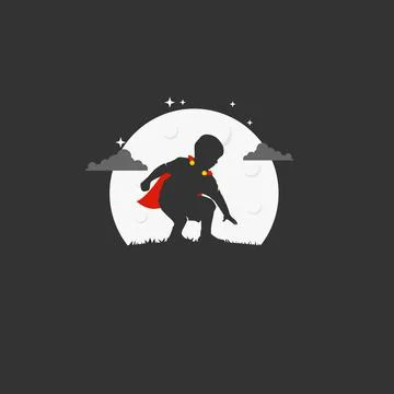 Super Kid with red robe in the Night. Silhouette Stock-Illustration