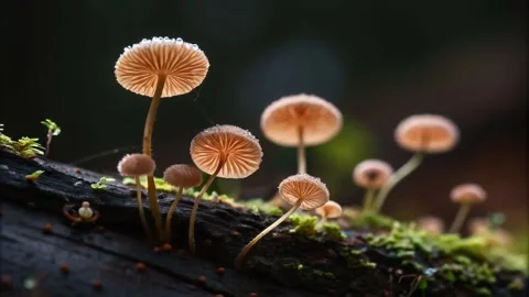 A super macro shot capturing the spores of fungi sprouting on decaying, moss Stock Footage 295337317