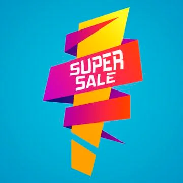 Super mega sale ribbon banner with an exclamation mark. Stock Illustration